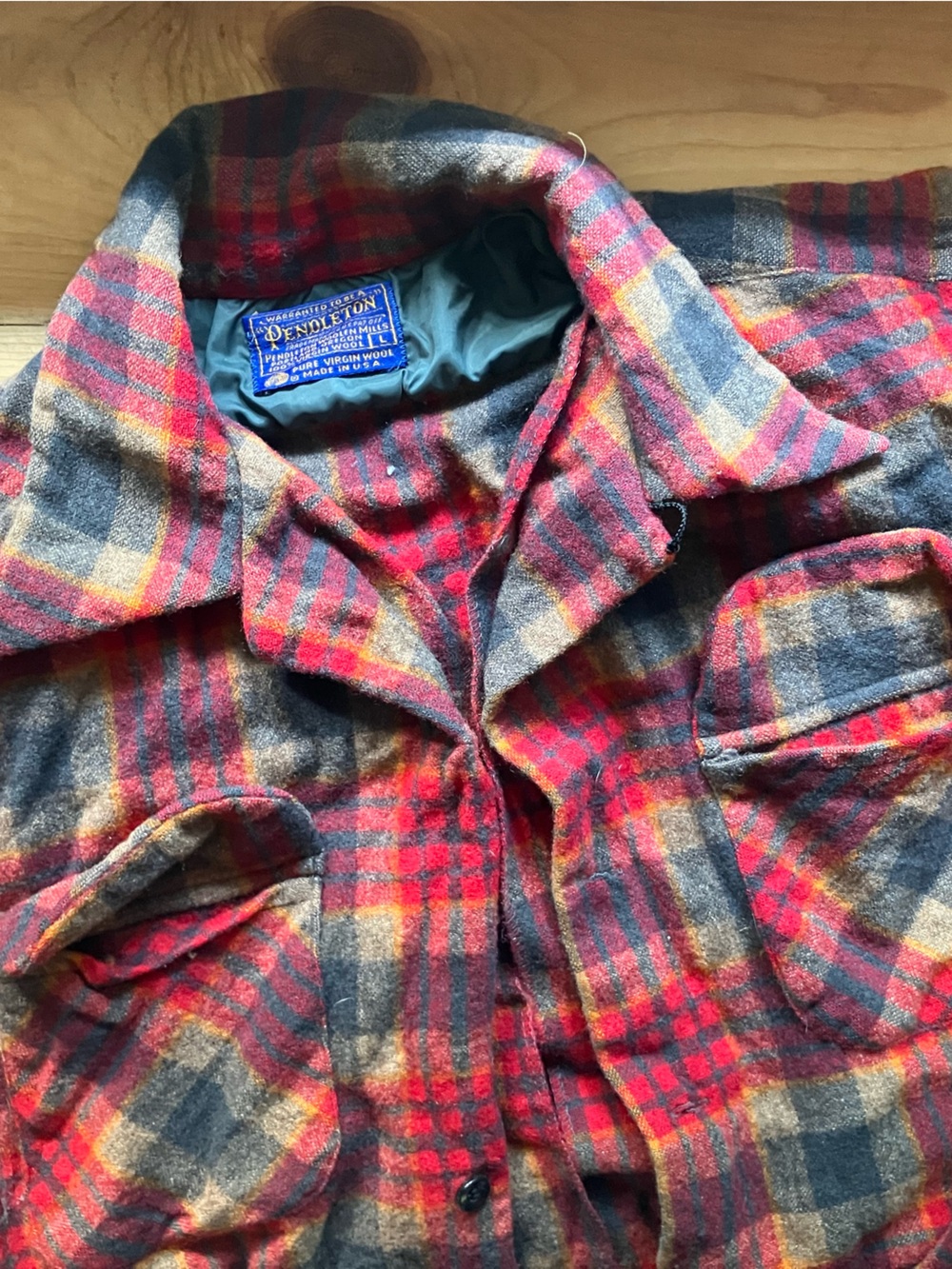 Vintage Pendleton Red Gray Tan Plaid Wool Flannel Shirt - Picture 2 of 16